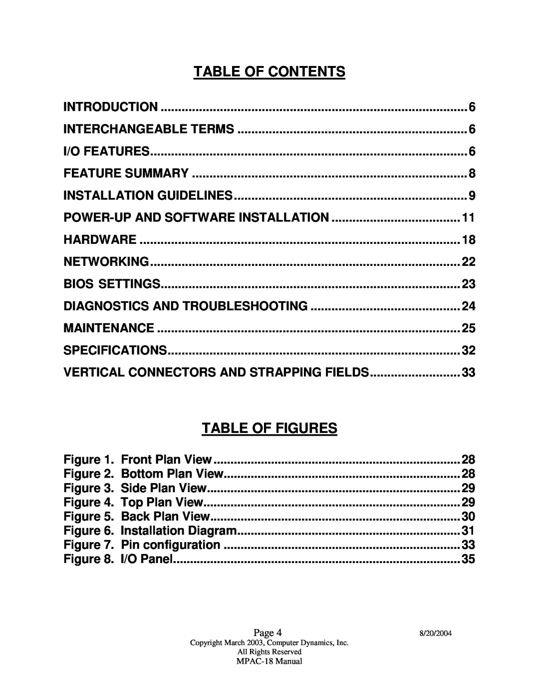 Compaq MPAC-18 Table Of Contents, Table Of Figures, Introduction, Interchangeable Terms, I/O Features, Feature Summary 