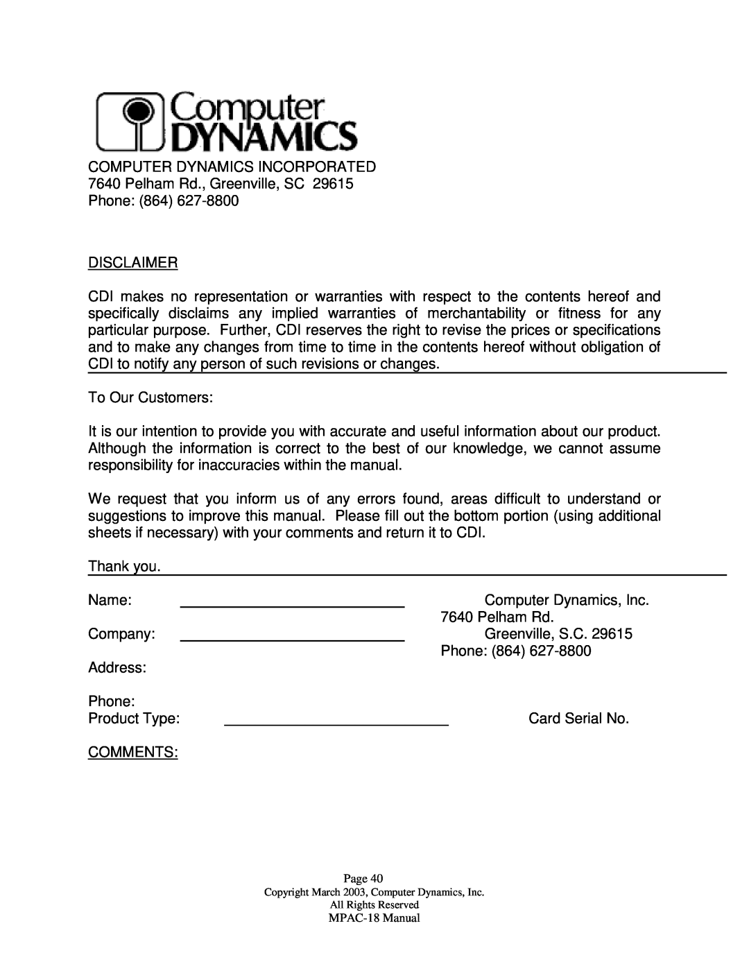 Compaq MPAC-18 manual COMPUTER DYNAMICS INCORPORATED 7640 Pelham Rd., Greenville, SC 