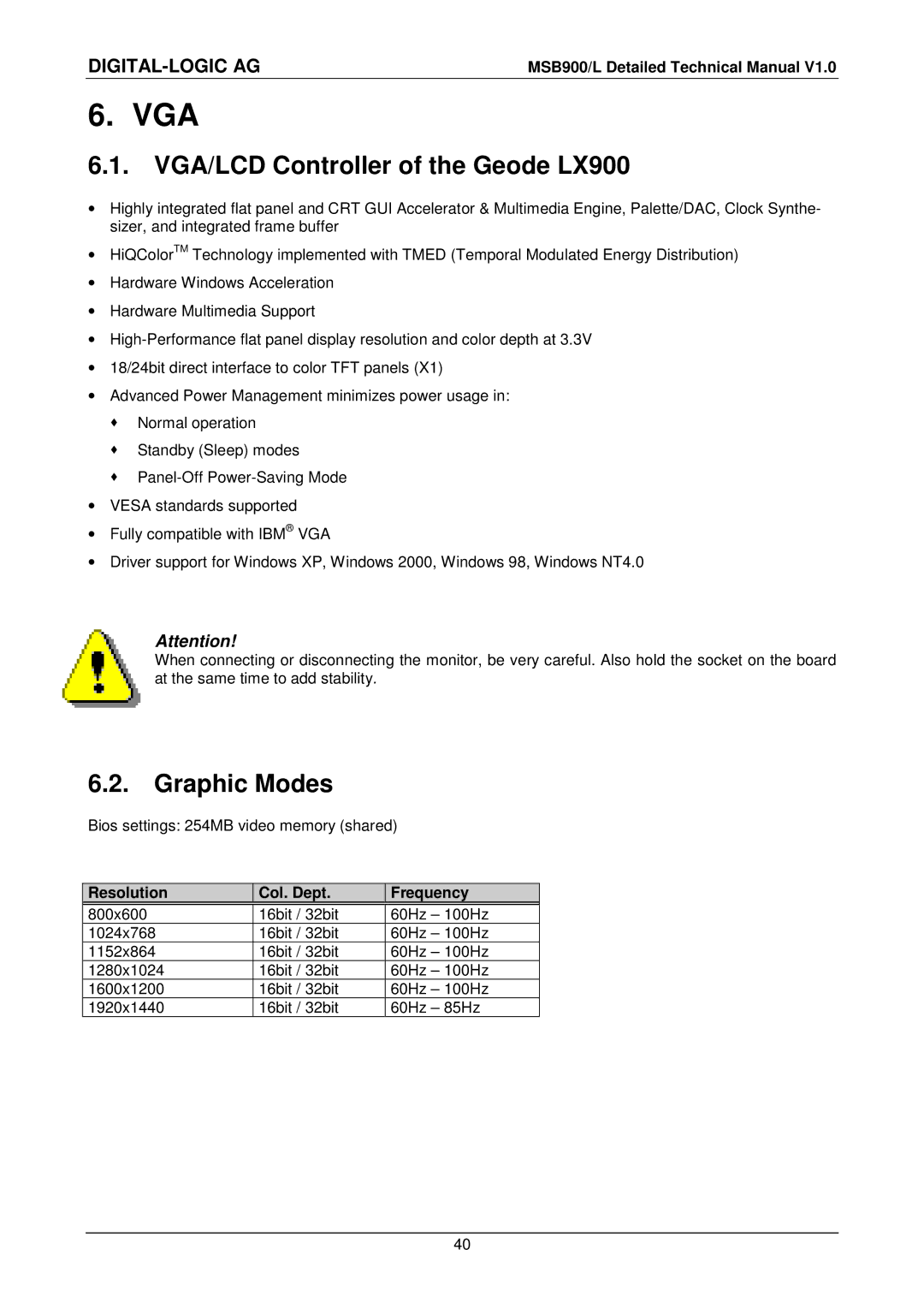 Compaq MSB900L user manual VGA/LCD Controller of the Geode LX900, Graphic Modes, Resolution Col. Dept Frequency 