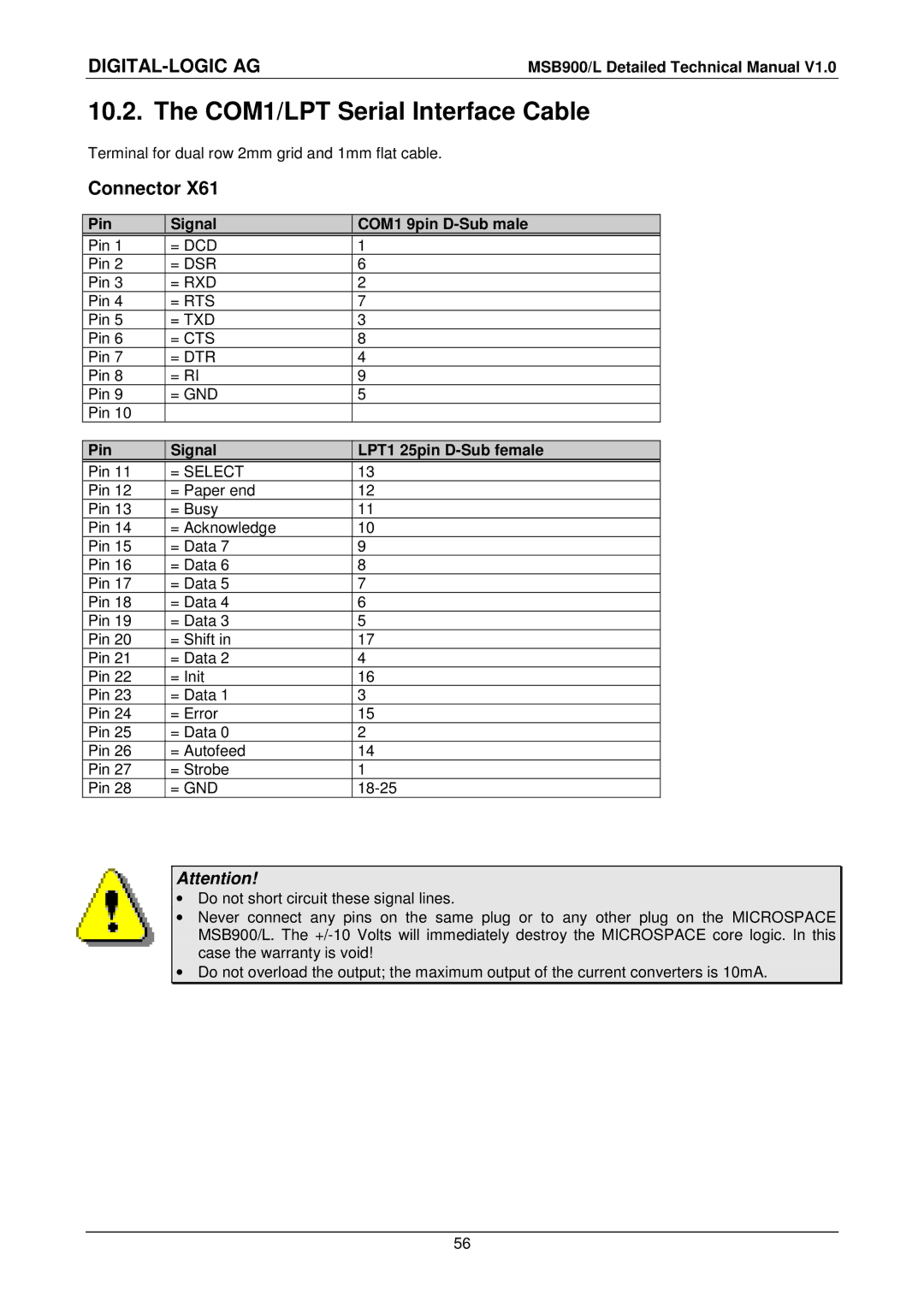 Compaq MSB900L COM1/LPT Serial Interface Cable, Pin Signal COM1 9pin D-Sub male, Pin Signal LPT1 25pin D-Sub female 