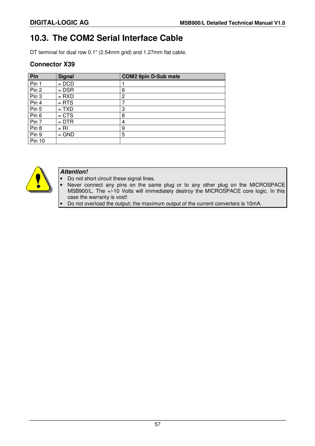 Compaq MSB900L user manual COM2 Serial Interface Cable, Pin Signal COM2 9pin D-Sub male 