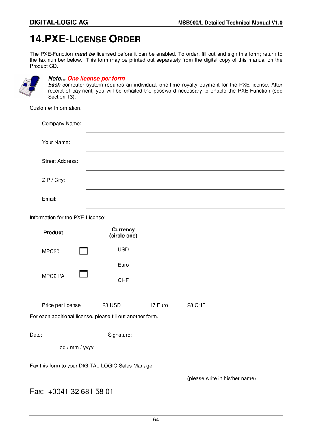 Compaq MSB900L user manual PXE-LICENSE Order, Product Currency Circle one, MPC20 USD, Chf 