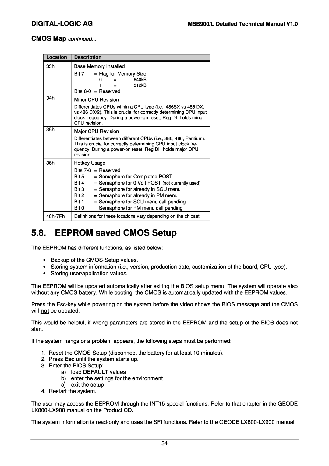 Compaq MSB900L user manual EEPROM saved CMOS Setup, Digital-Logic Ag 