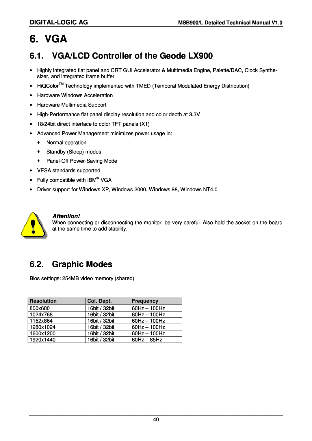 Compaq MSB900L user manual Vga, VGA/LCD Controller of the Geode LX900, Graphic Modes, Digital-Logic Ag 