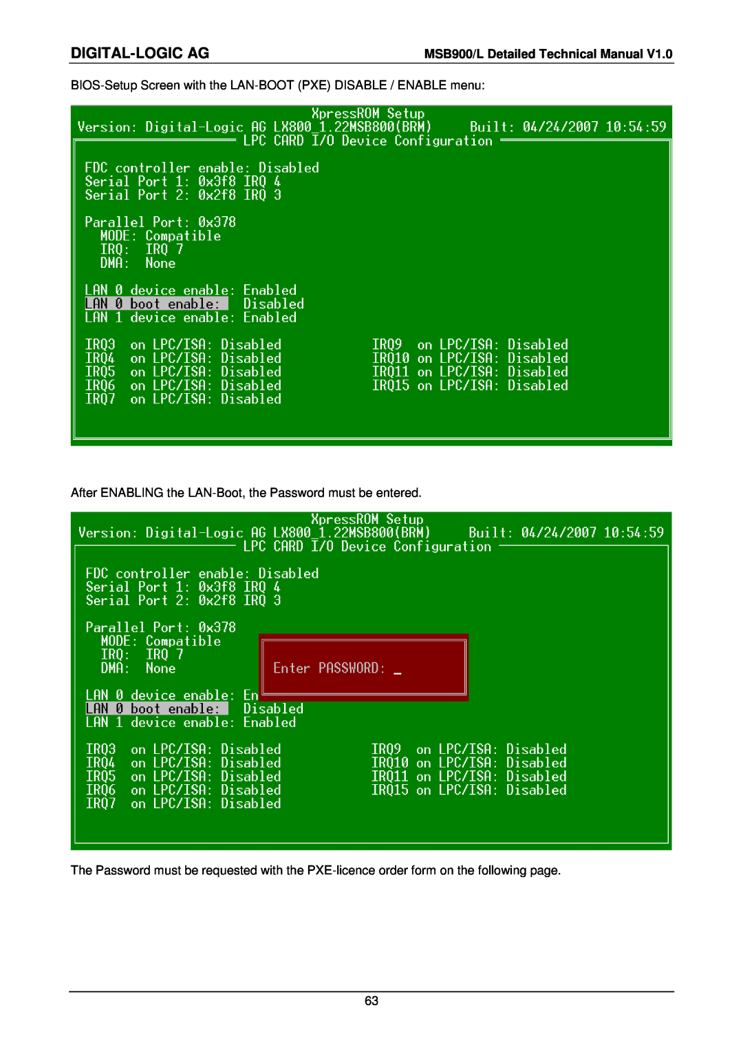 Compaq MSB900L user manual Digital-Logic Ag, BIOS-Setup Screen with the LAN-BOOT PXE DISABLE / ENABLE menu 