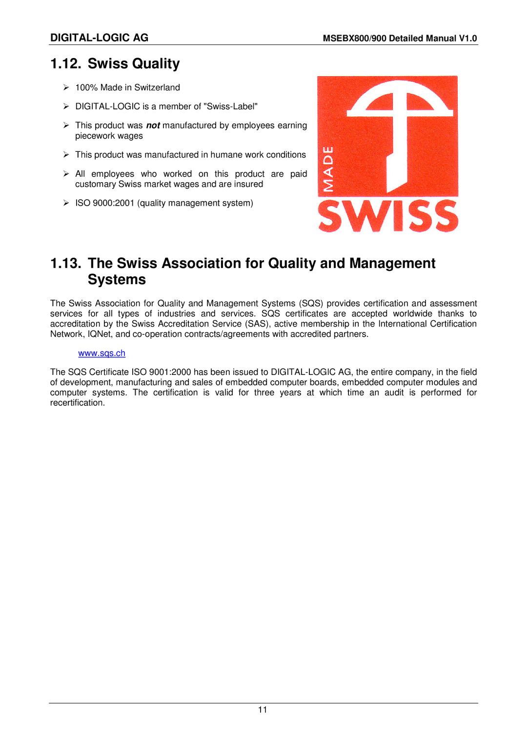 Compaq MSEBX900, MSEBX800 user manual Swiss Quality, Swiss Association for Quality and Management Systems 