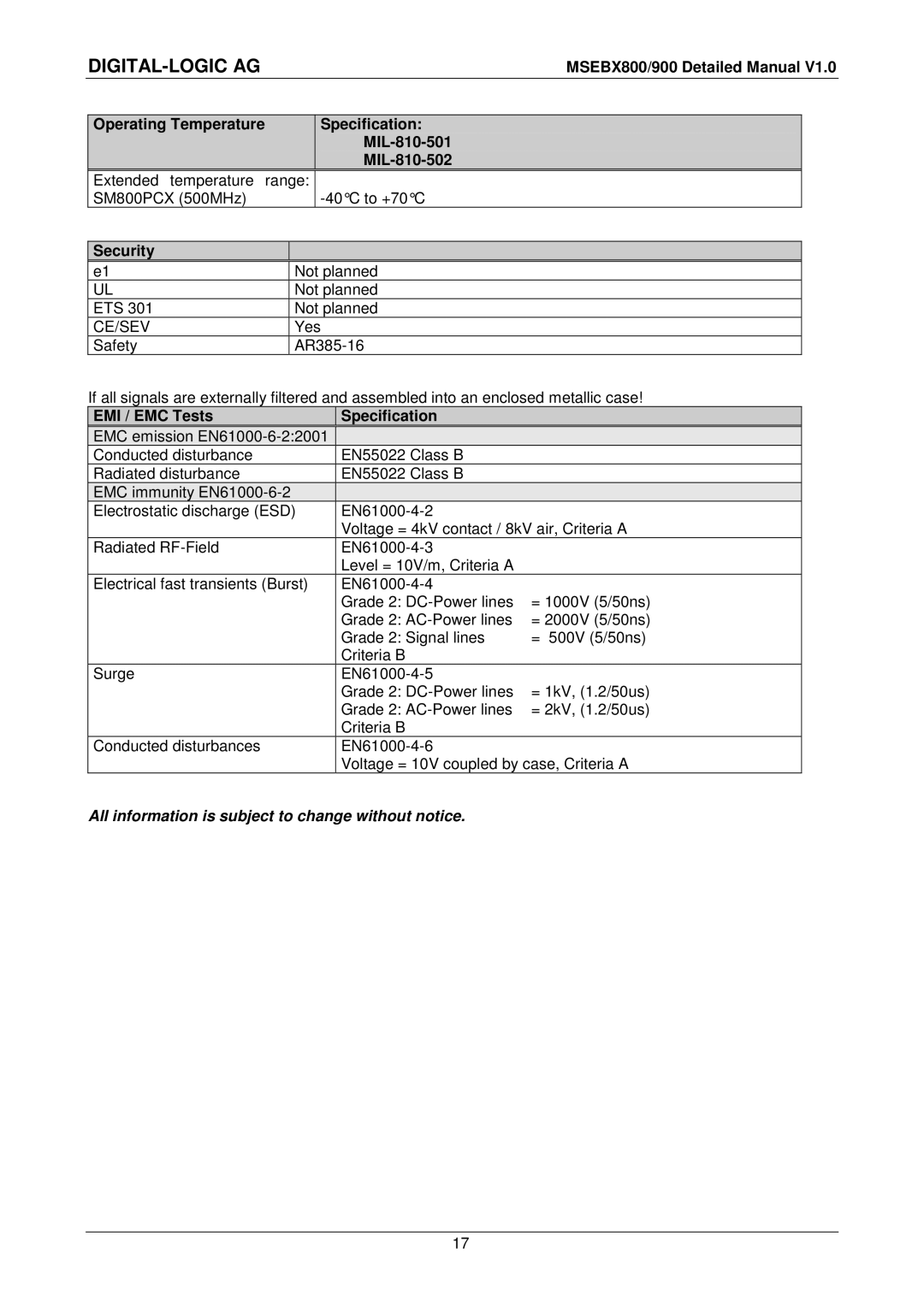 Compaq MSEBX900 Operating Temperature Specification MIL-810-501 MIL-810-502, Security, EMI / EMC Tests Specification 