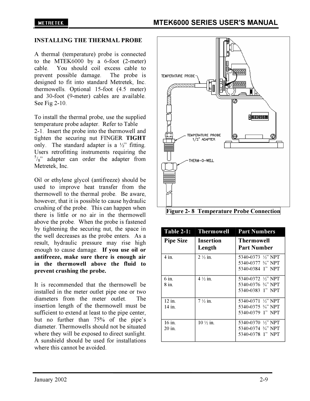 Compaq MTEK6000 user manual Installing the Thermal Probe, Pipe Size Insertion Thermowell Length Part Number 