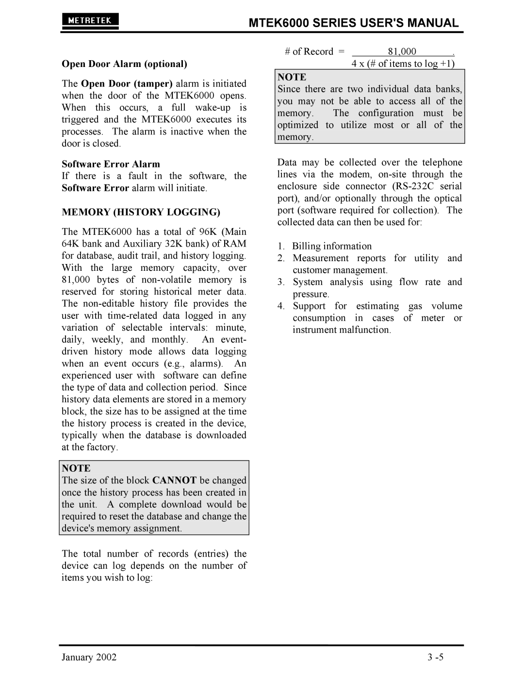 Compaq MTEK6000 user manual Open Door Alarm optional, Software Error Alarm, Memory History Logging 