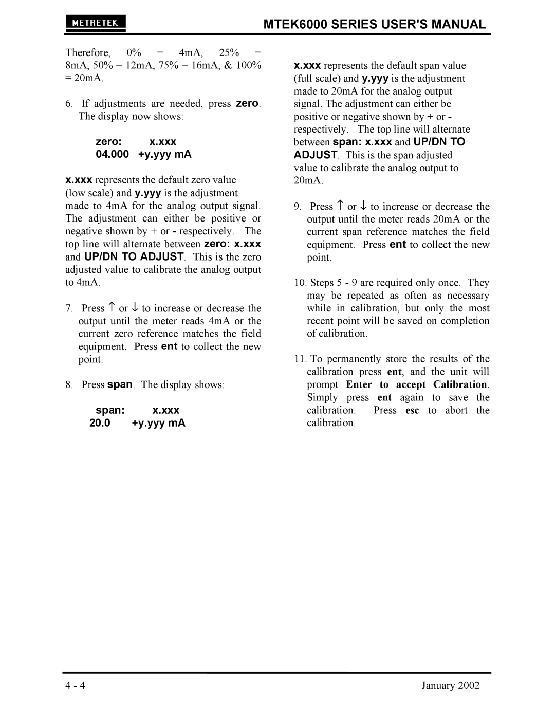 Compaq MTEK6000 user manual Zero x.xxx 04.000 +y.yyy mA 