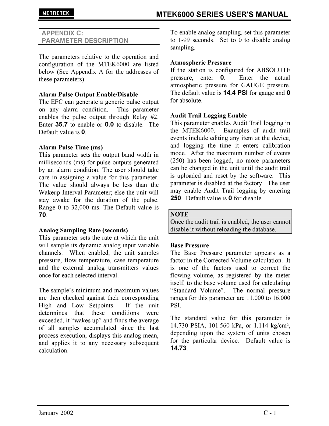Compaq MTEK6000 Alarm Pulse Output Enable/Disable, Alarm Pulse Time ms, Analog Sampling Rate seconds, Atmospheric Pressure 