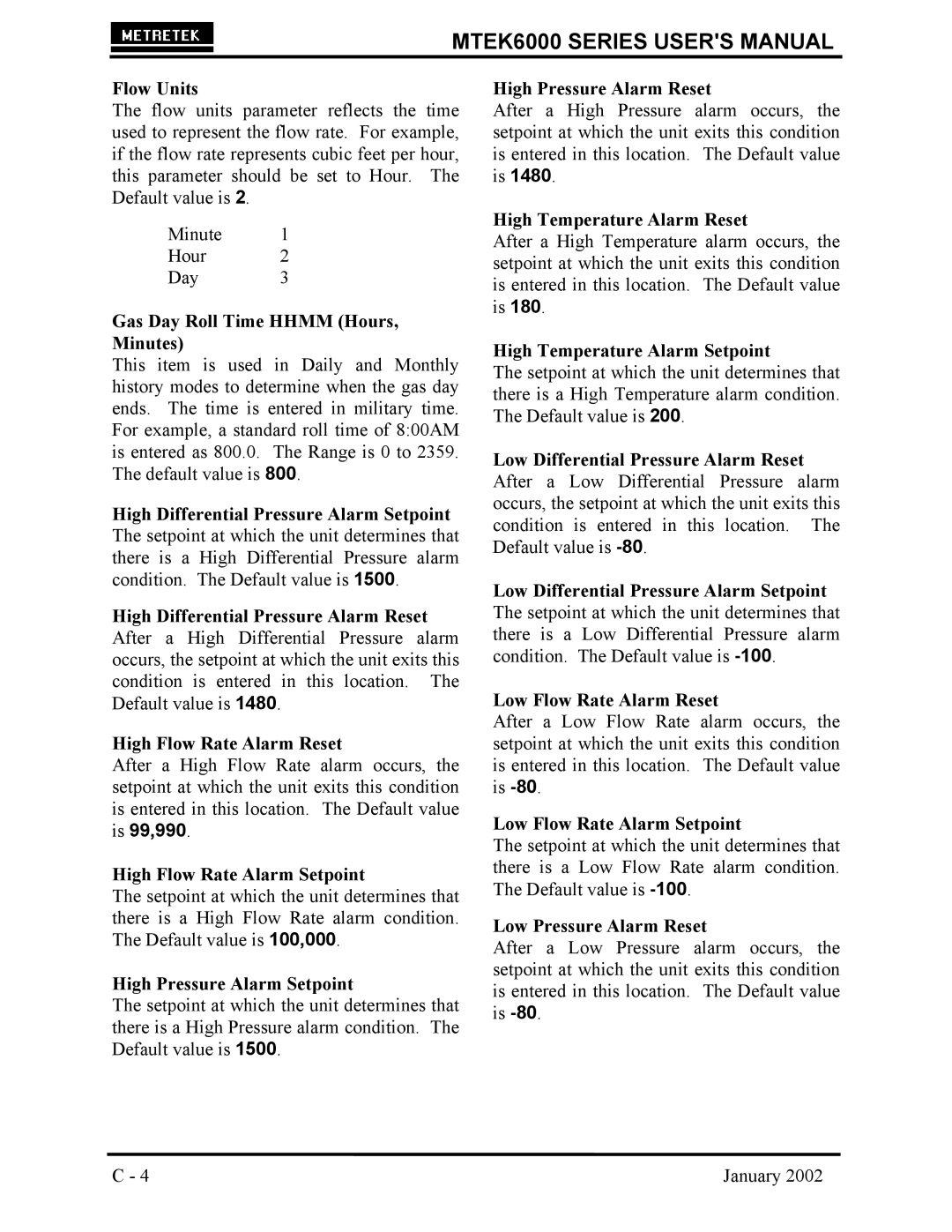 Compaq MTEK6000 Flow Units, Gas Day Roll Time Hhmm Hours, Minutes, High Flow Rate Alarm Setpoint, Low Pressure Alarm Reset 