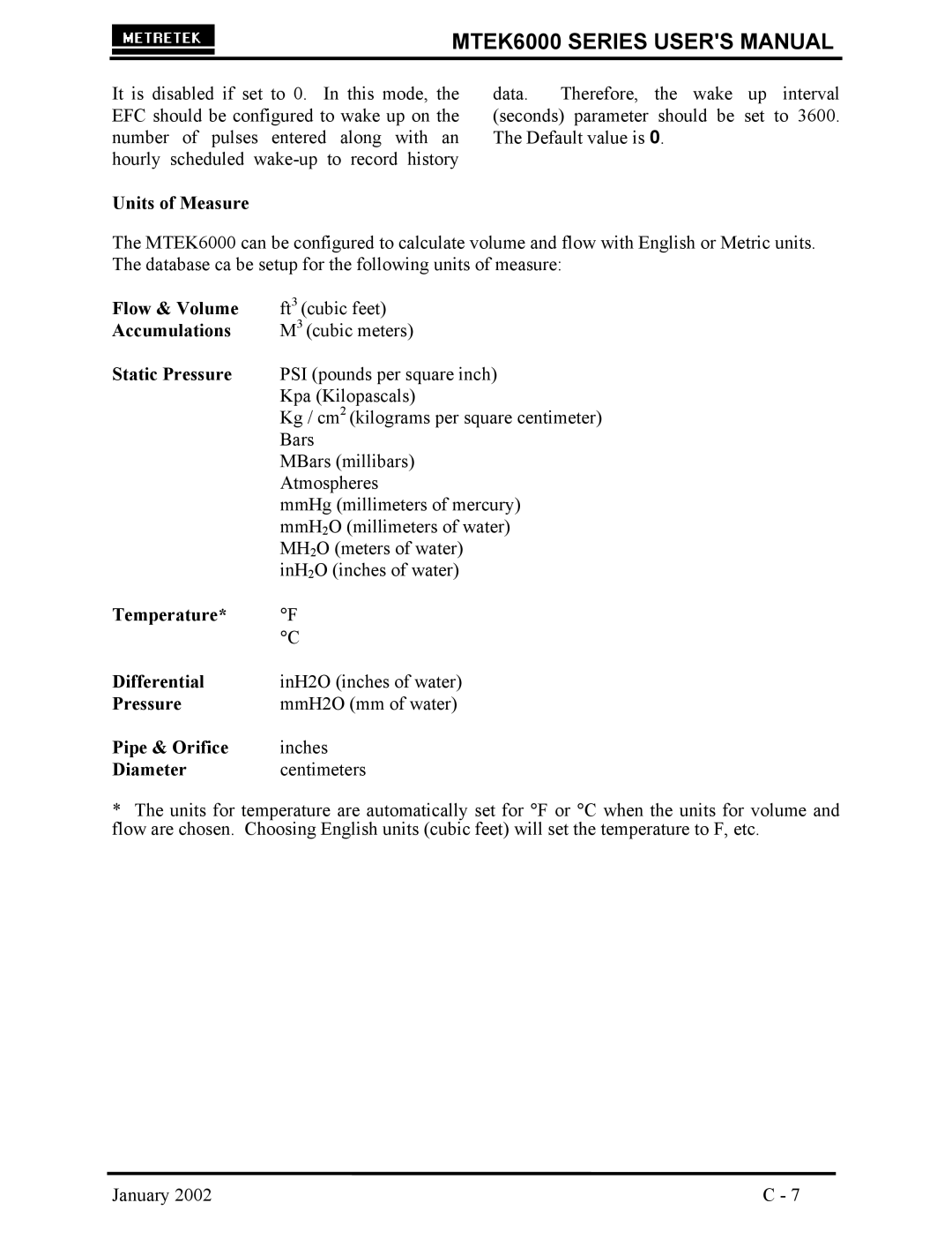 Compaq MTEK6000 Units of Measure, Flow & Volume, Accumulations, Static Pressure, Temperature Differential, Pipe & Orifice 