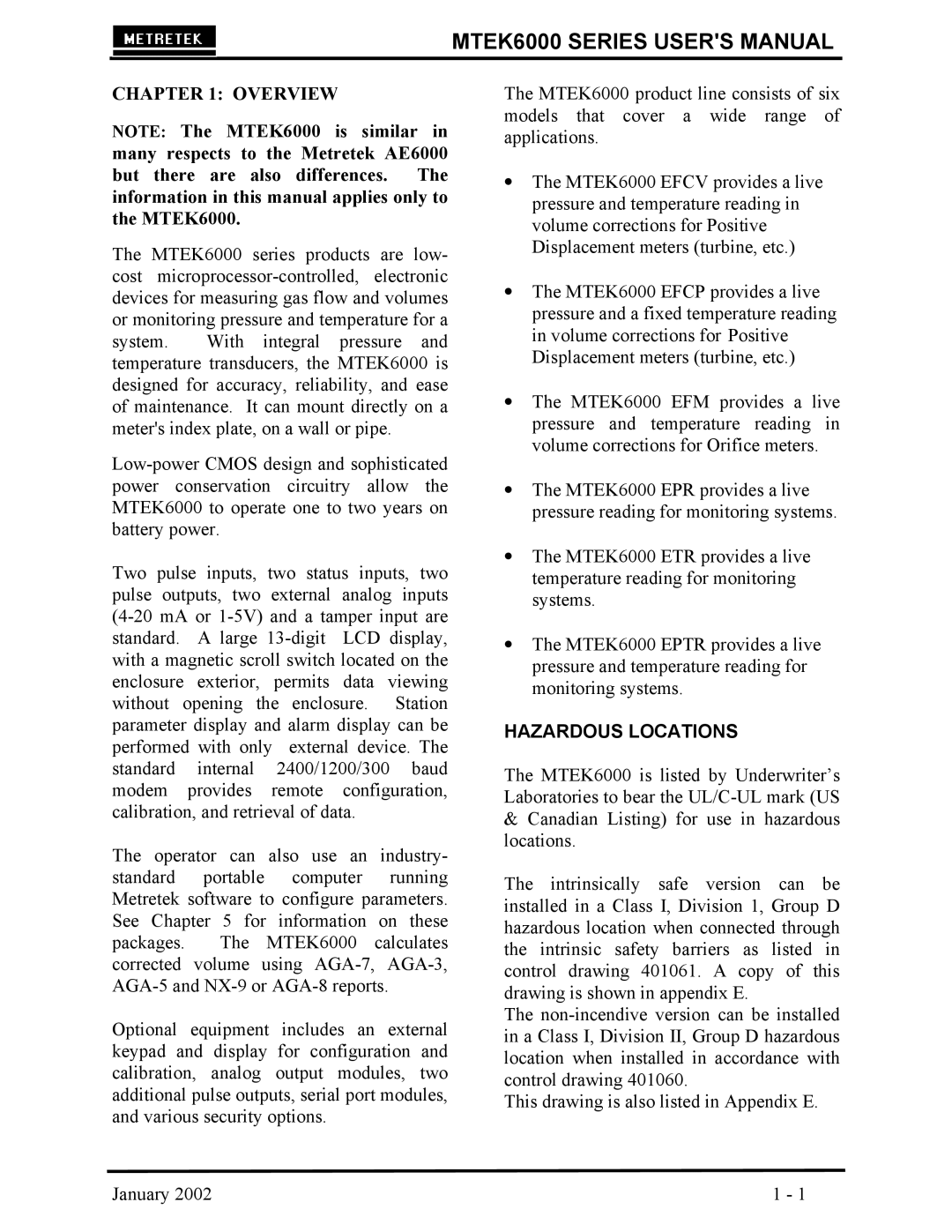 Compaq MTEK6000 user manual Overview, Hazardous Locations 