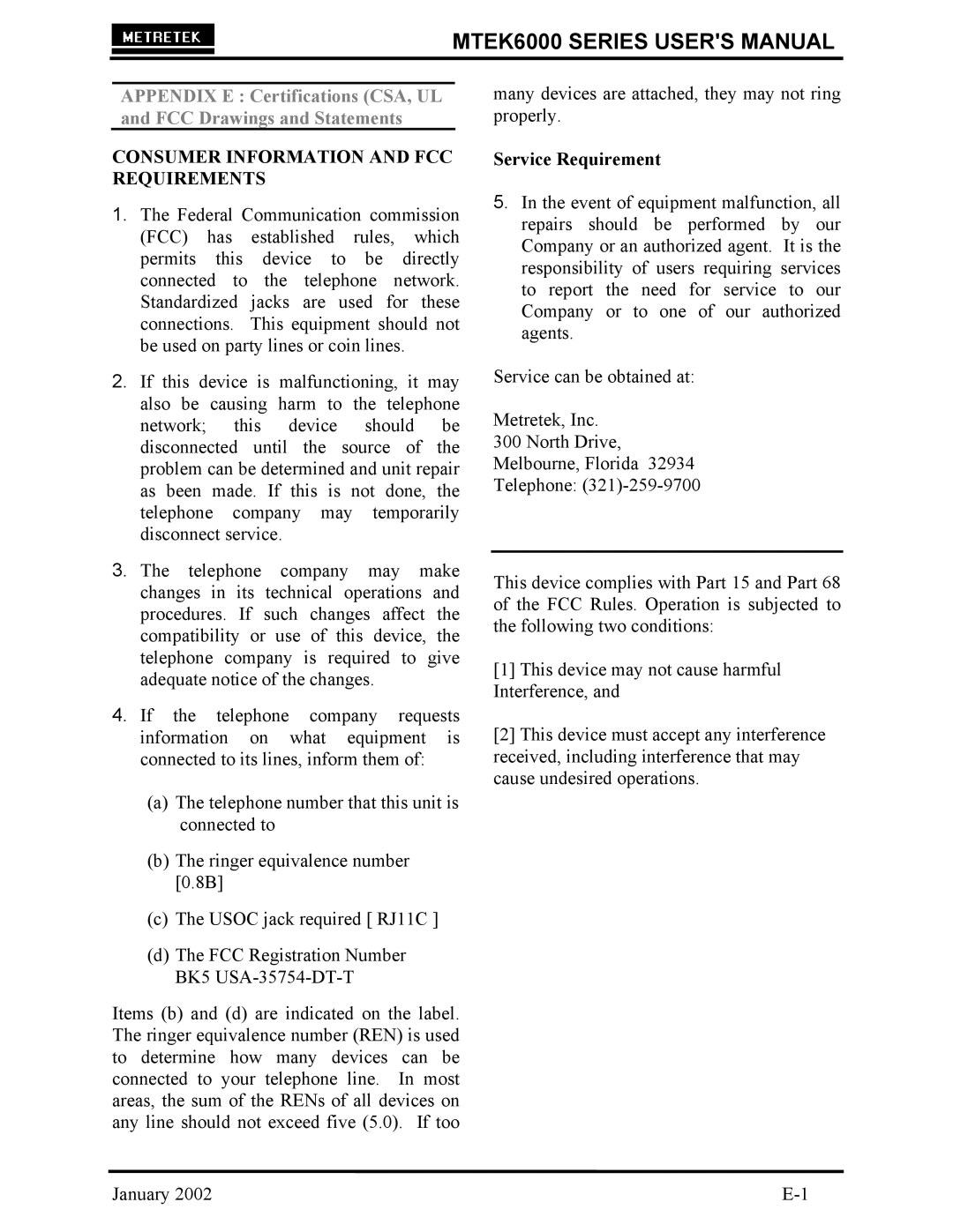 Compaq MTEK6000 user manual Consumer Information and FCC Requirements, Service Requirement 