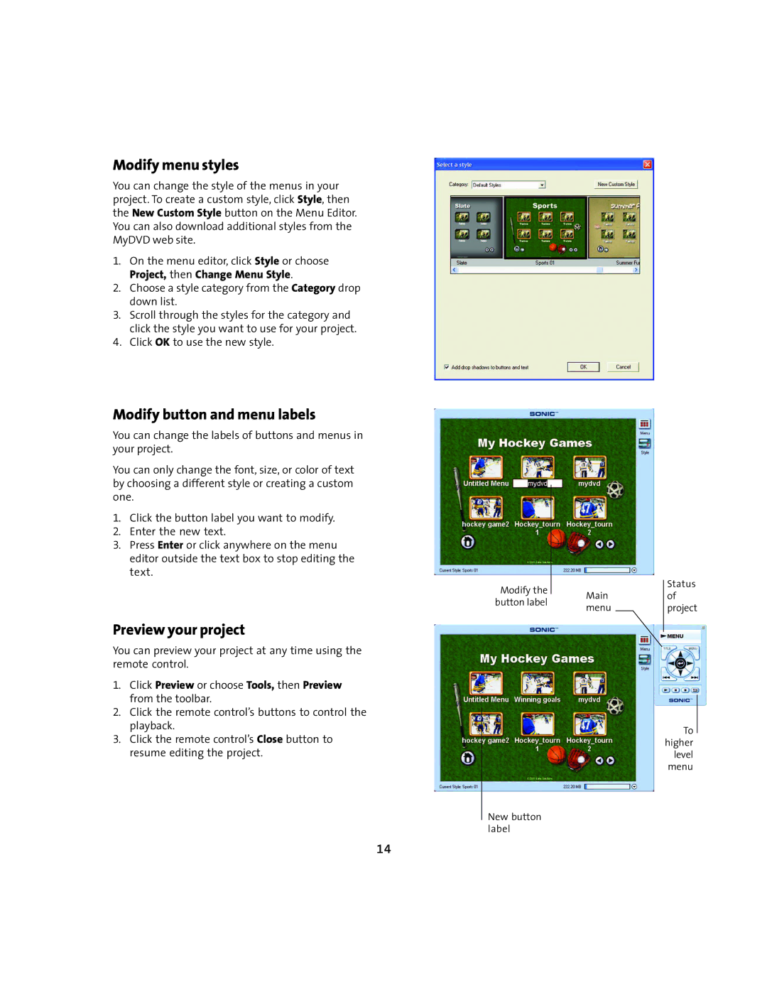 Compaq MyMovieSTUDIO manual Modify menu styles, Modify button and menu labels, Preview your project 