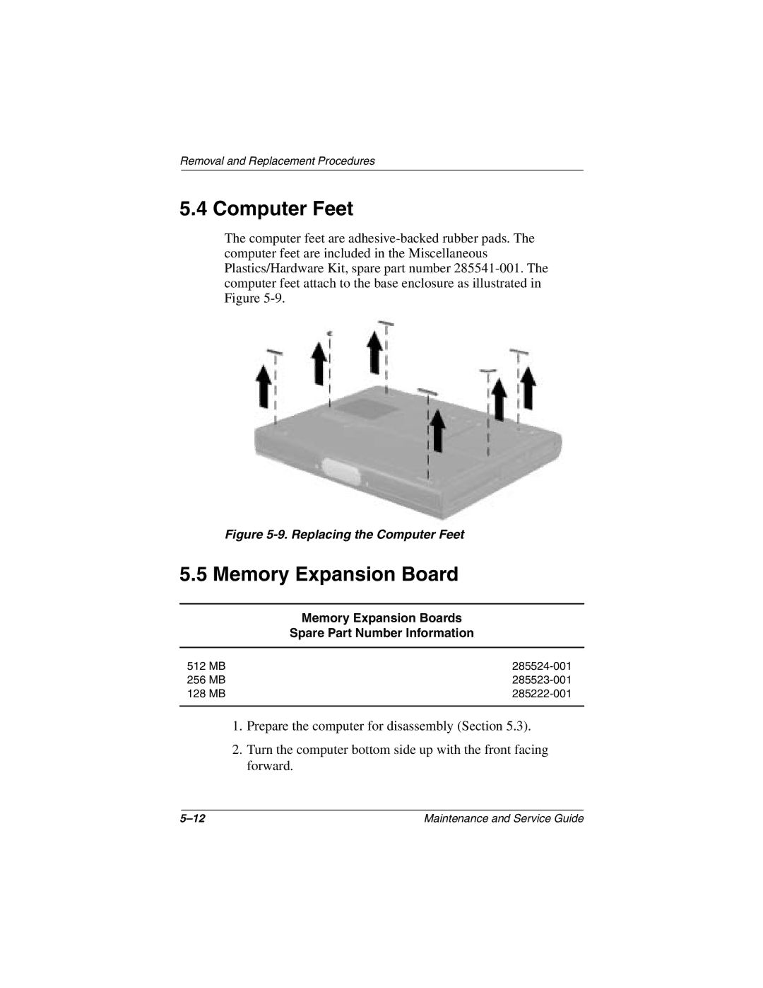 Compaq N1000 manual Computer Feet, Memory Expansion Boards 