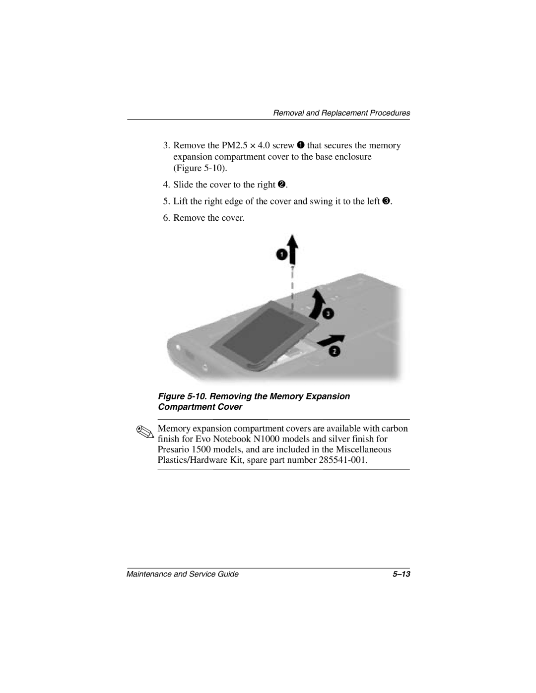 Compaq N1000 manual Removing the Memory Expansion Compartment Cover 