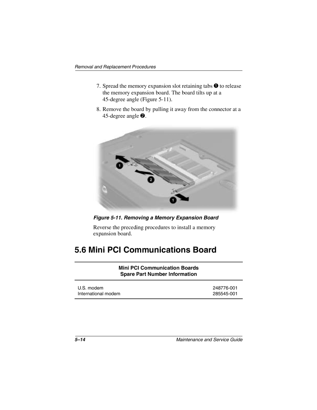 Compaq N1000 manual Mini PCI Communications Board, Mini PCI Communication Boards Spare Part Number Information 