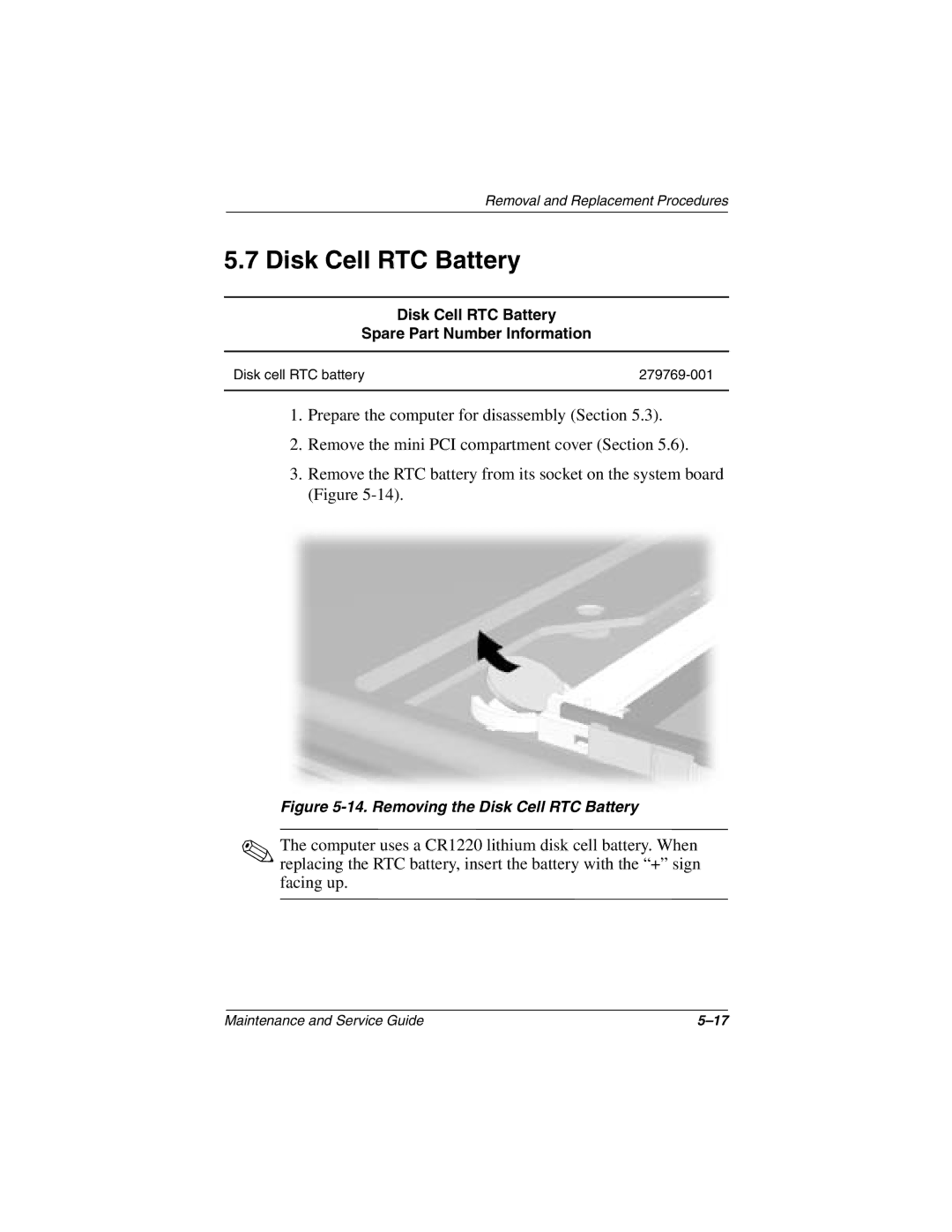 Compaq N1000 manual Disk Cell RTC Battery Spare Part Number Information 