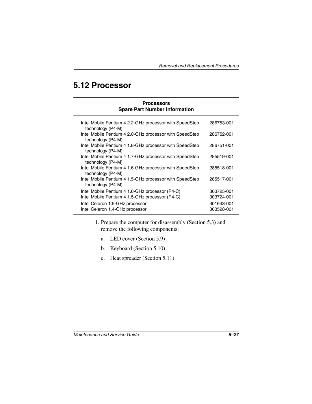 Compaq N1000 manual Processors Spare Part Number Information 