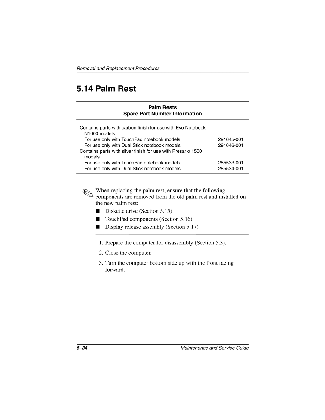 Compaq N1000 manual Palm Rests Spare Part Number Information 