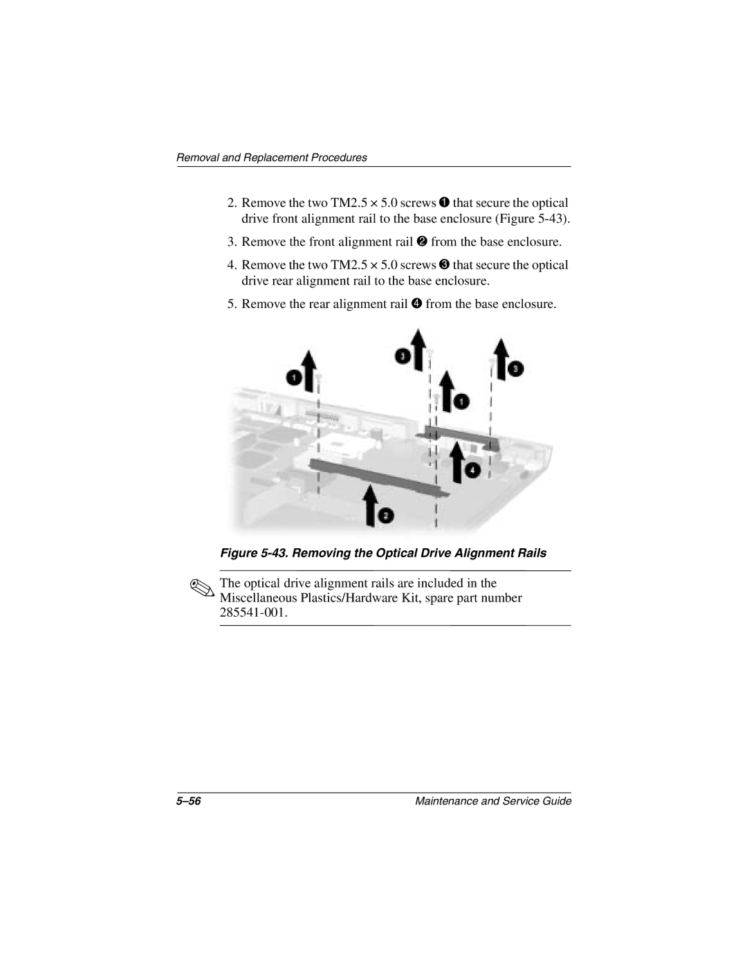 Compaq N1000 manual Removing the Optical Drive Alignment Rails 