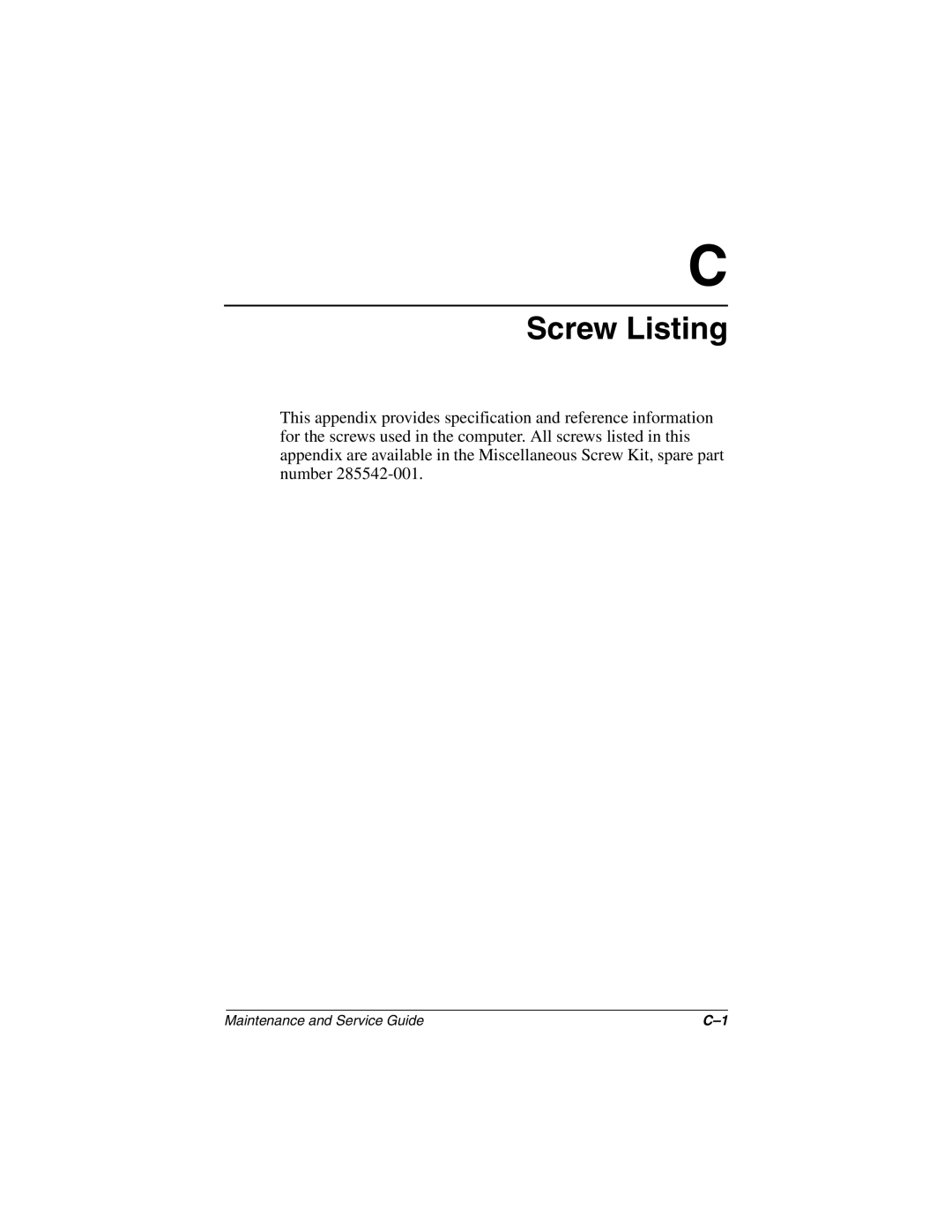 Compaq N1000 manual Screw Listing 