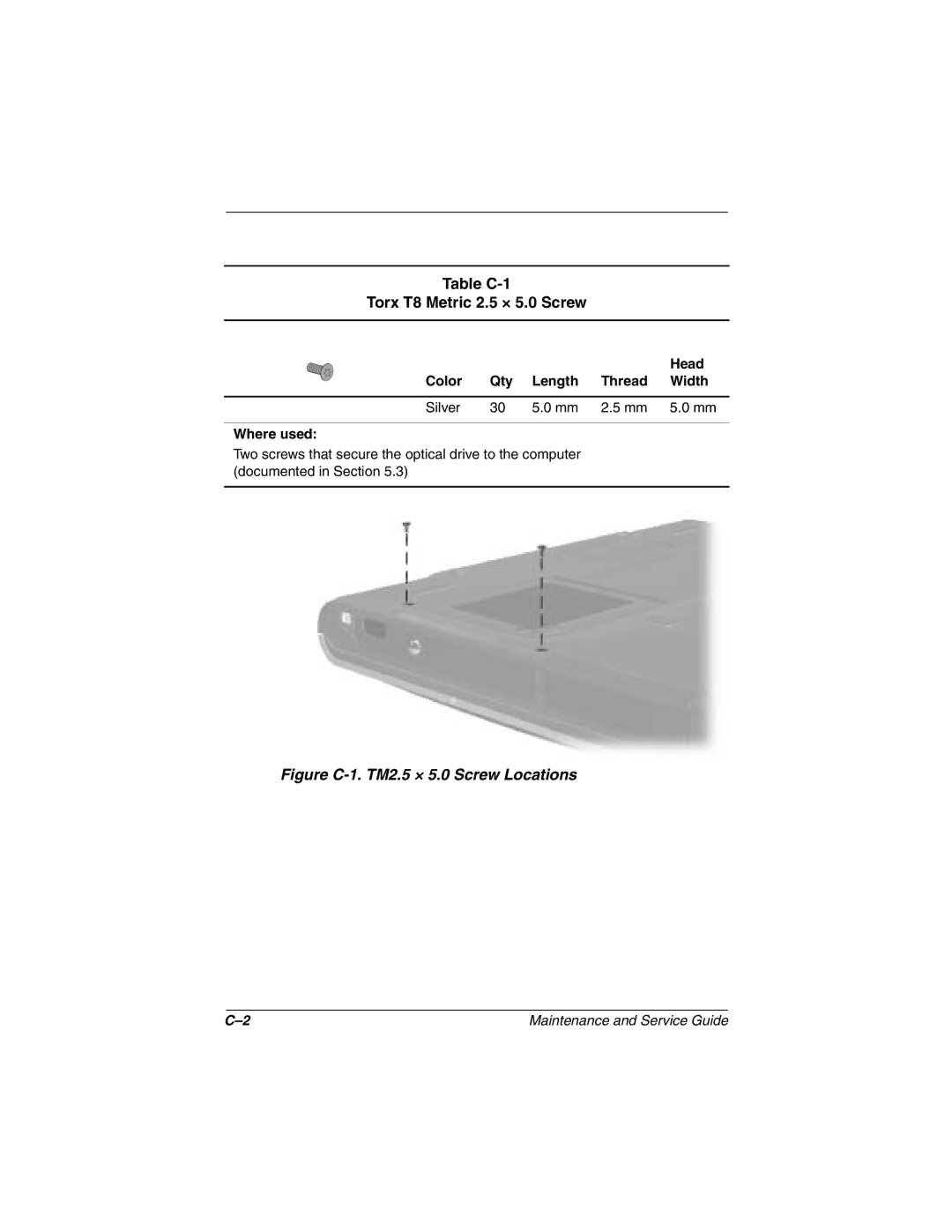 Compaq N1000 manual Table C-1 Torx T8 Metric 2.5 × 5.0 Screw, Head, Color Qty Length Thread Width Silver Where used 