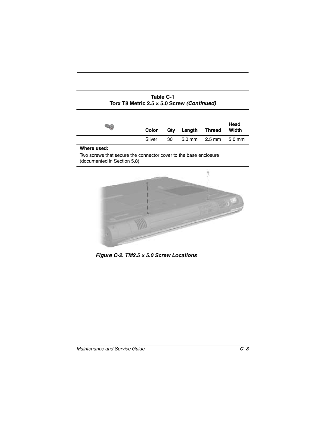 Compaq N1000 manual Figure C-2. TM2.5 × 5.0 Screw Locations 