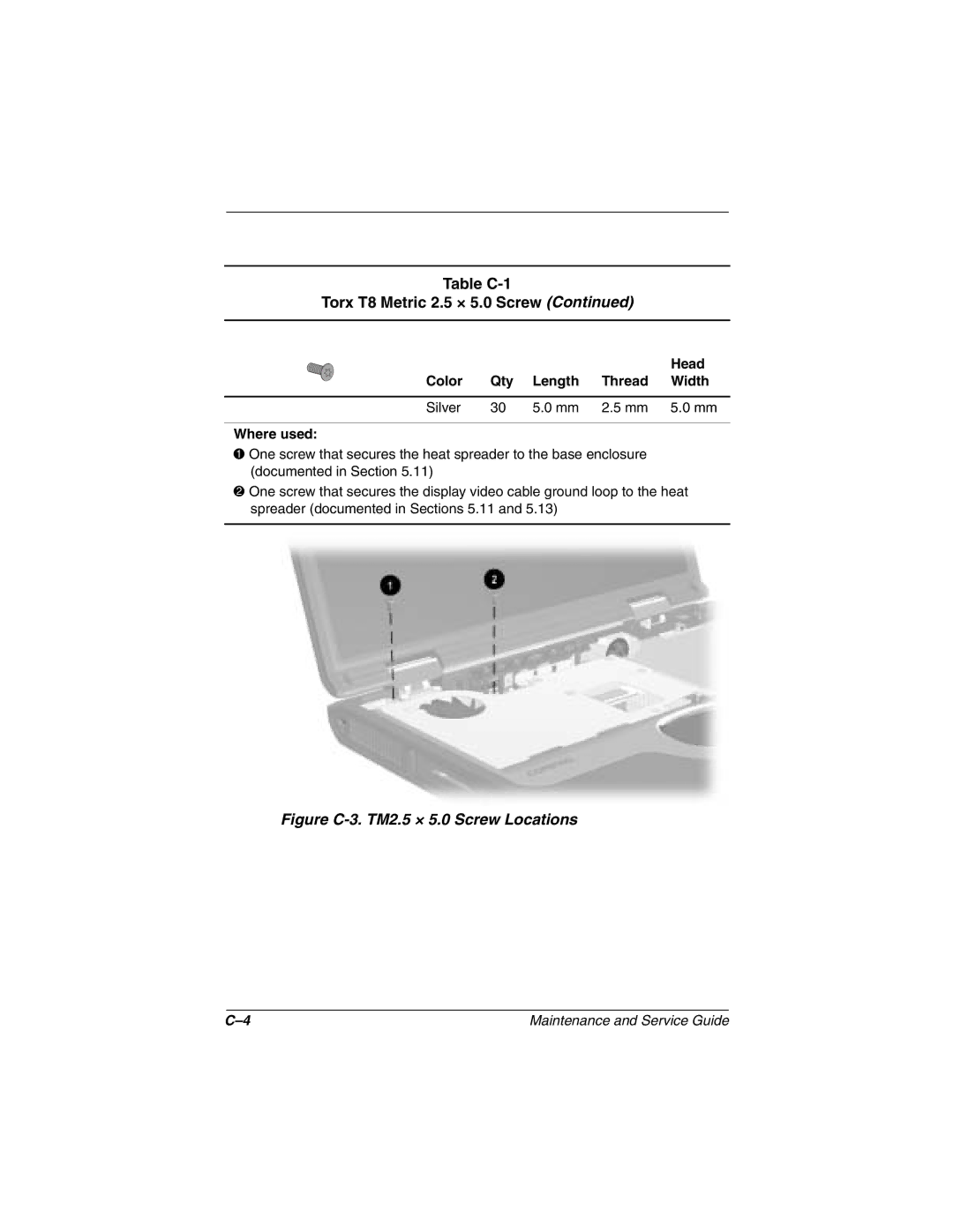 Compaq N1000 manual Figure C-3. TM2.5 × 5.0 Screw Locations 