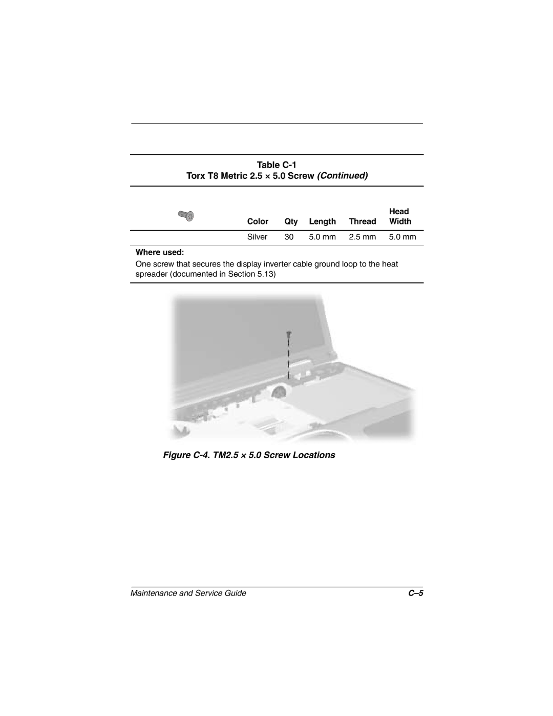 Compaq N1000 manual Figure C-4. TM2.5 × 5.0 Screw Locations 