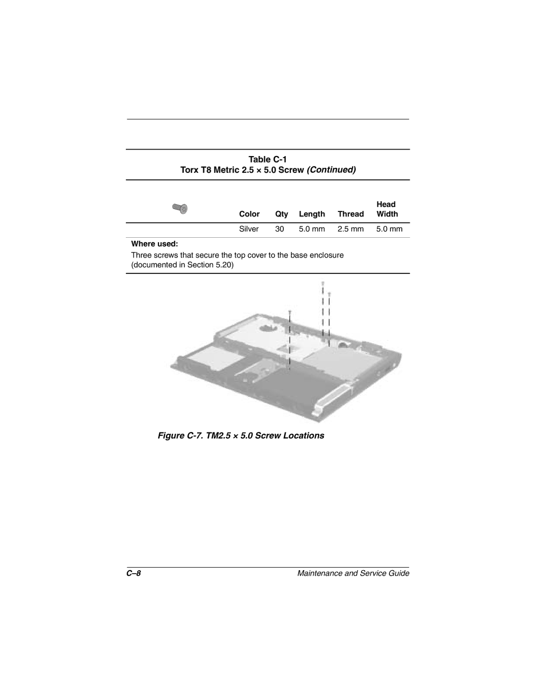 Compaq N1000 manual Figure C-7. TM2.5 × 5.0 Screw Locations 