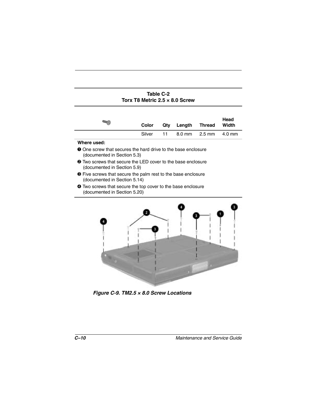 Compaq N1000 manual Table C-2 Torx T8 Metric 2.5 × 8.0 Screw, Figure C-9. TM2.5 × 8.0 Screw Locations 