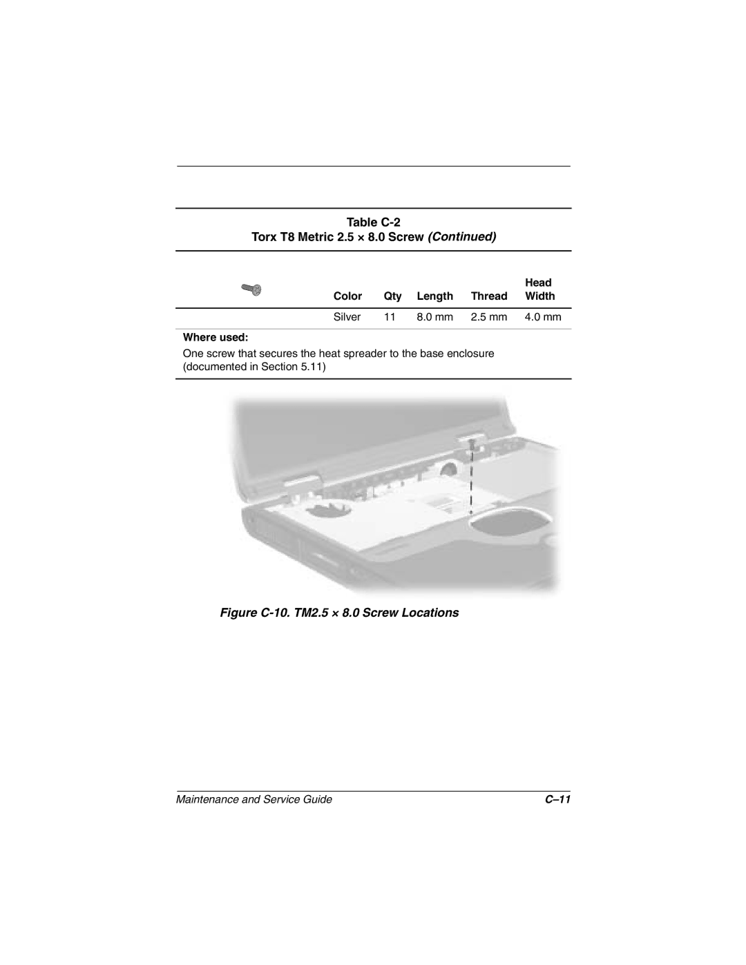 Compaq N1000 manual Figure C-10. TM2.5 × 8.0 Screw Locations 