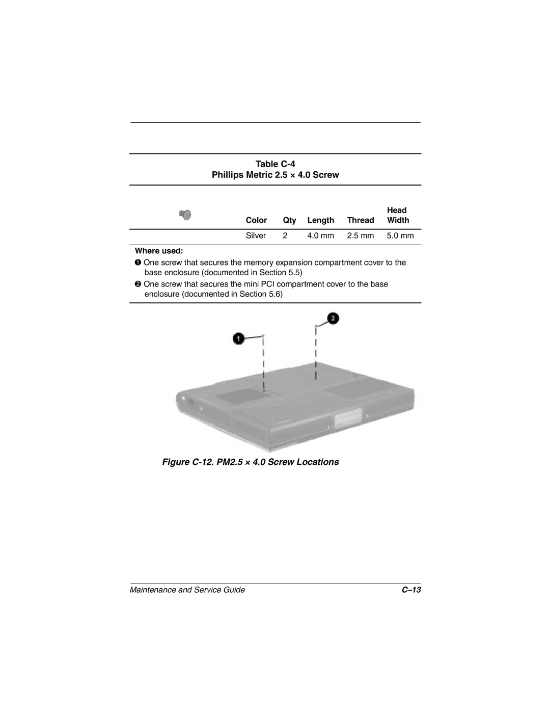 Compaq N1000 manual Table C-4 Phillips Metric 2.5 × 4.0 Screw, Head Color Qty Length Thread Width 