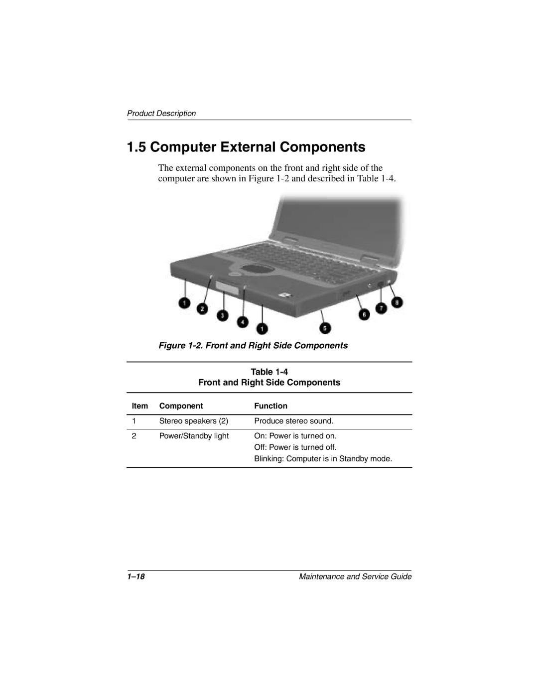 Compaq N1000 manual Computer External Components, Front and Right Side Components, Component Function 