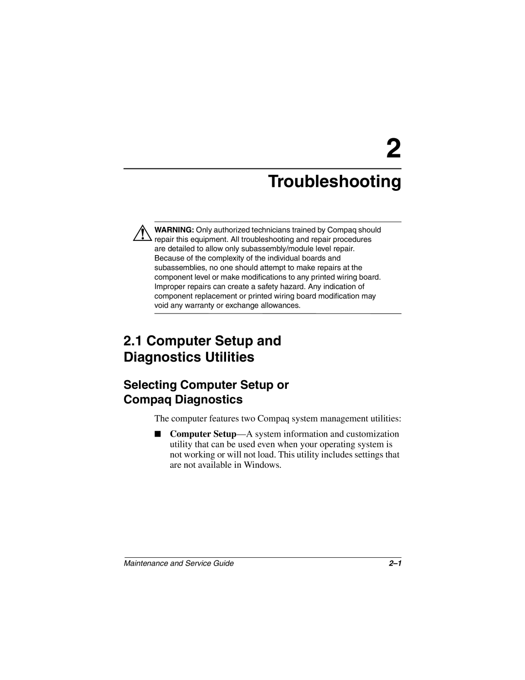 Compaq N1000 manual Troubleshooting, Computer Setup Diagnostics Utilities 