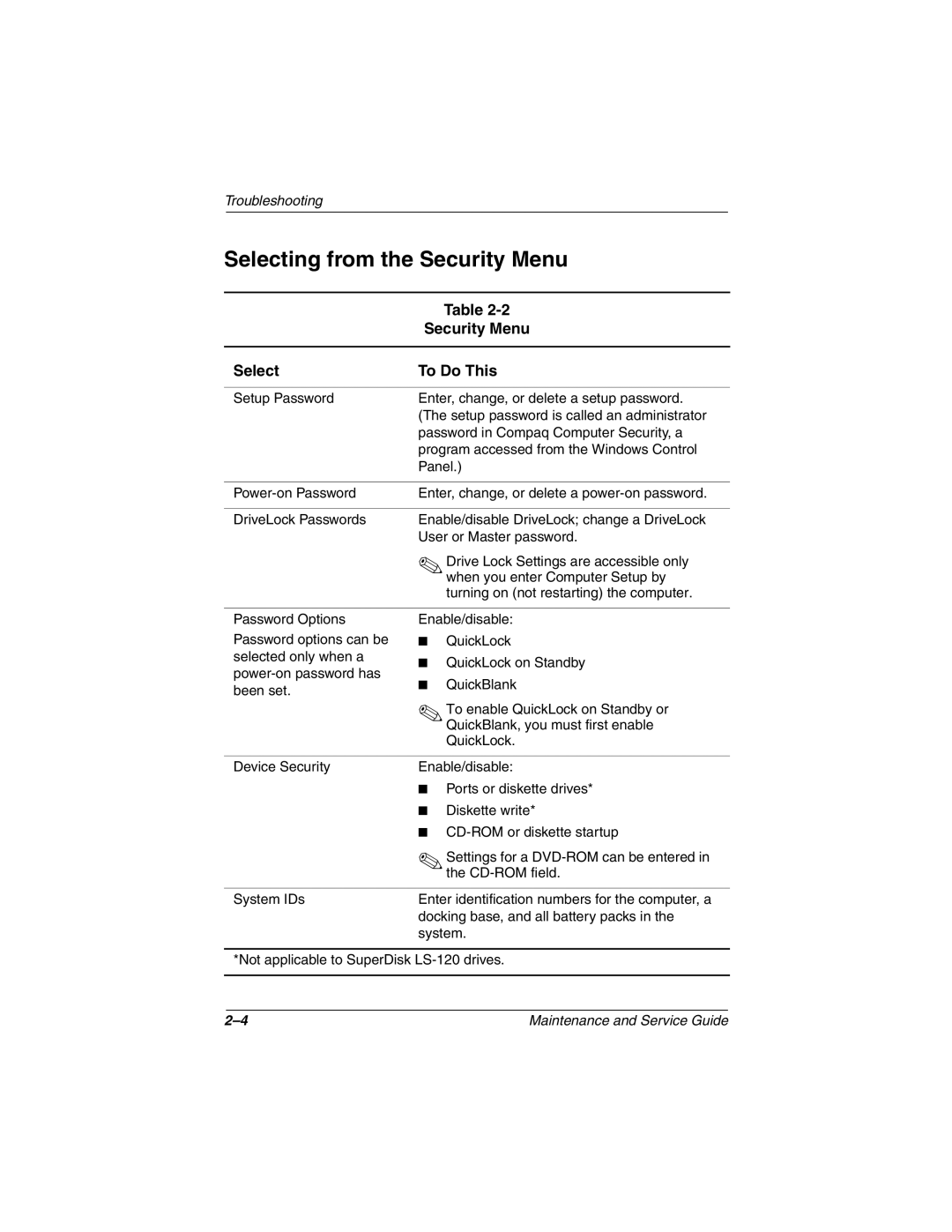 Compaq N1000 manual Selecting from the Security Menu 