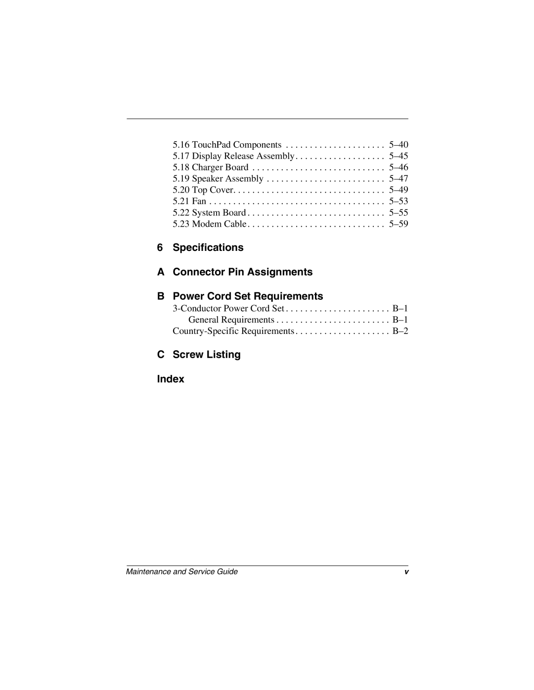 Compaq N1000 manual Screw Listing Index 