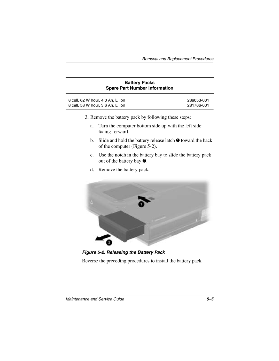 Compaq N1000 manual Battery Packs Spare Part Number Information, Releasing the Battery Pack 