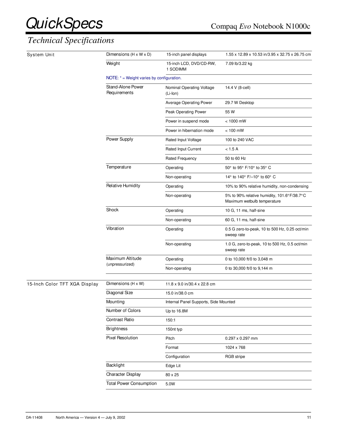 Compaq N1000c warranty Technical Specifications 