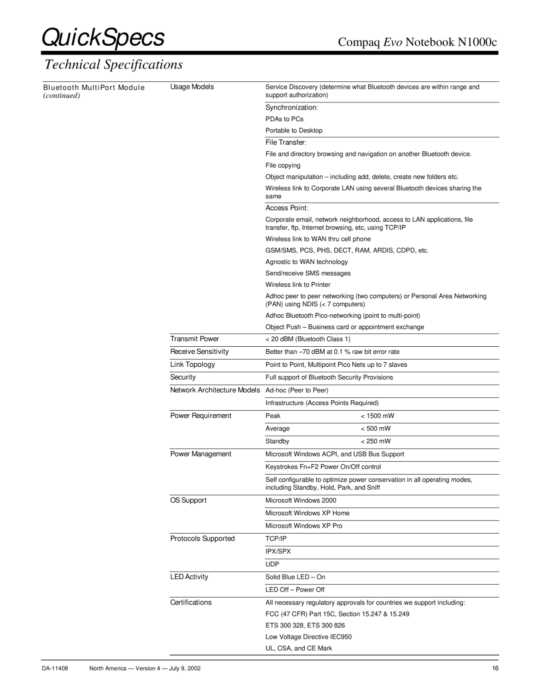 Compaq N1000c Bluetooth MultiPort Module Usage Models, Synchronization, File Transfer, Access Point, Receive Sensitivity 