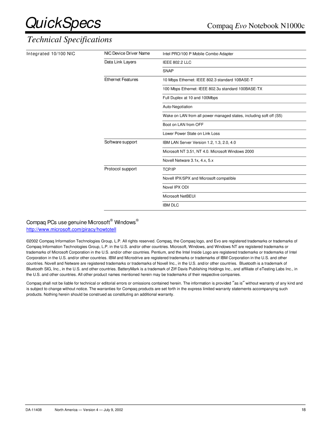 Compaq N1000c warranty Integrated 10/100 NIC NIC Device Driver Name, Data Link Layers, Ethernet Features, Software support 
