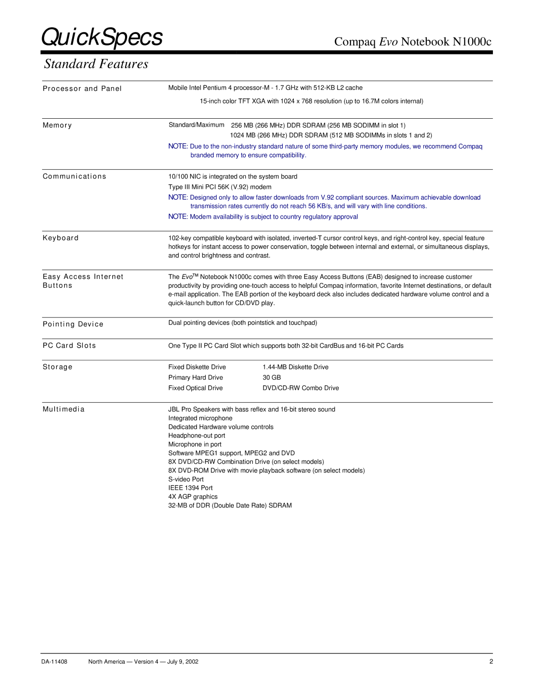 Compaq N1000c warranty Standard Features 