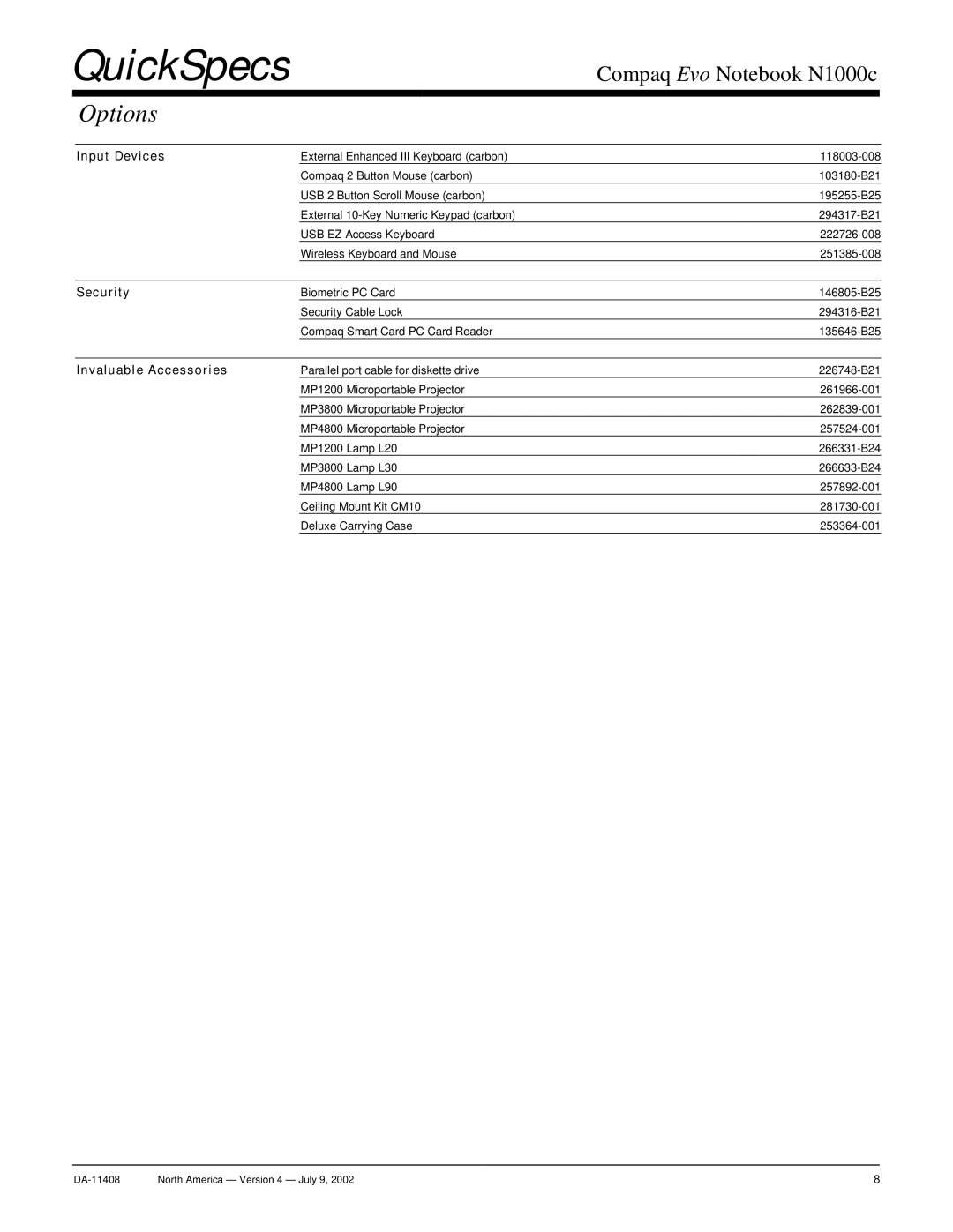 Compaq N1000c warranty Input Devices, Invaluable Accessories 