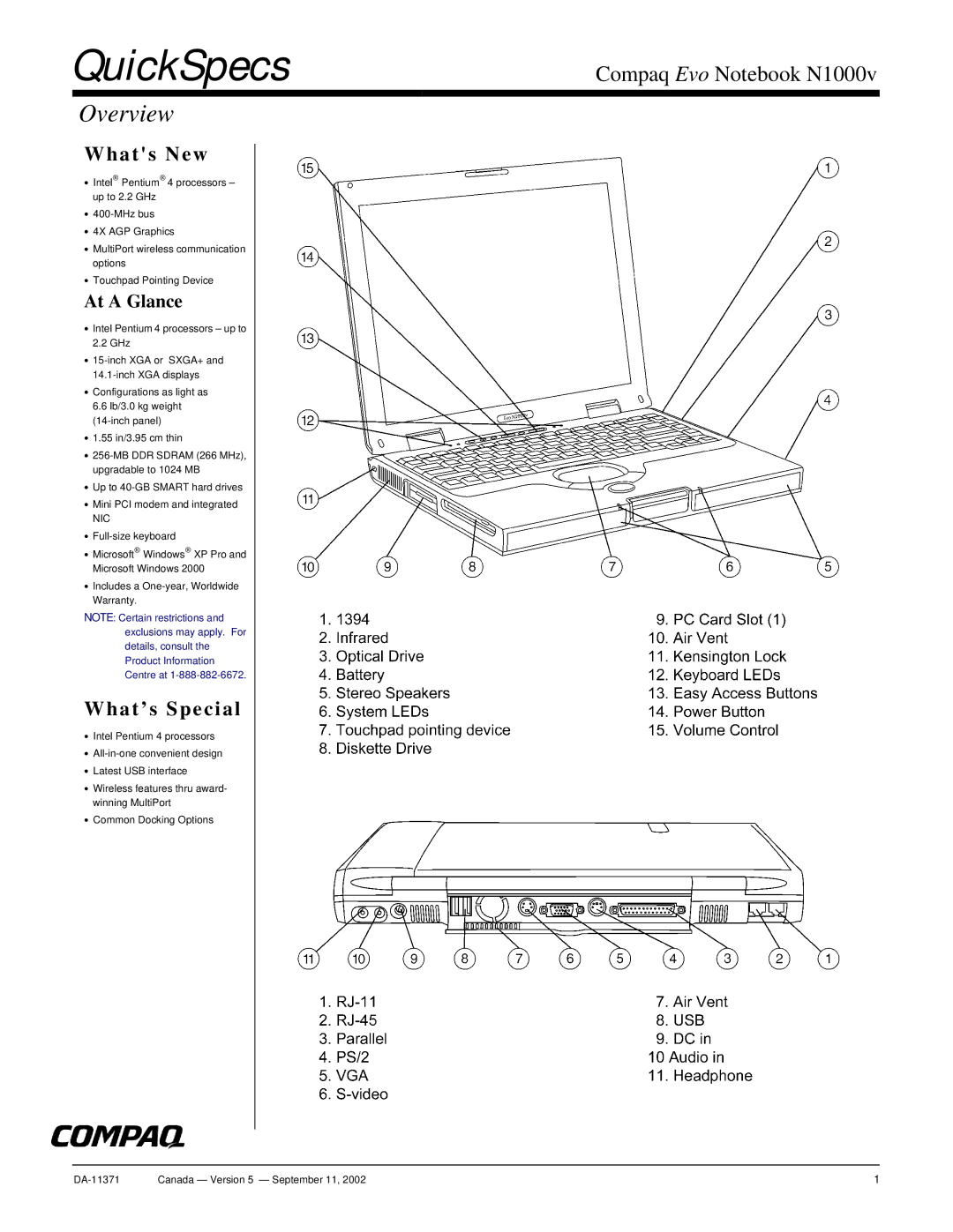 Compaq N1000v warranty QuickSpecs, Overview 