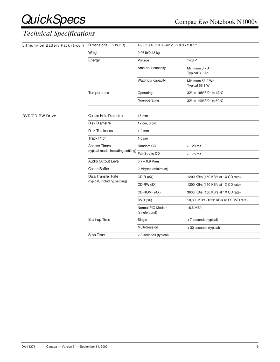 Compaq N1000v warranty Lithium-Ion Battery Pack 8-cell Dimensions L x W x D, Energy, DVD/CD-RW Drive Centre Hole Diametre 