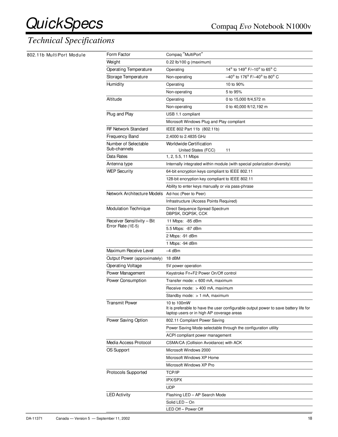 Compaq N1000v 802.11b MultiPort Module Form Factor, Storage Temperature, Humidity, Altitude, Plug and Play, Frequency Band 