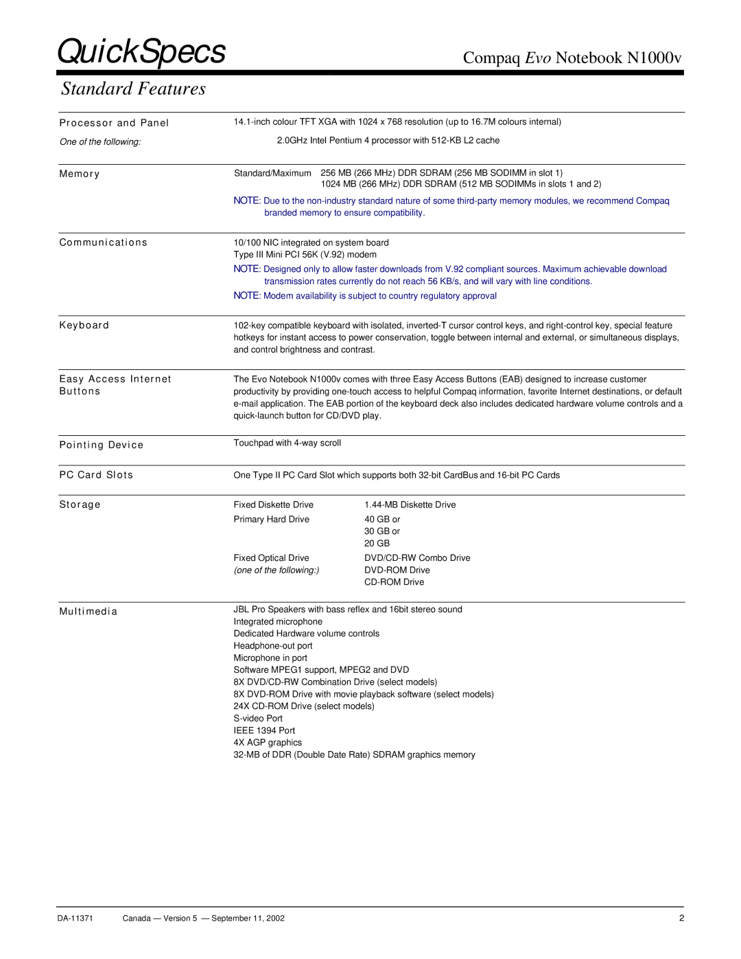 Compaq N1000v warranty Standard Features 